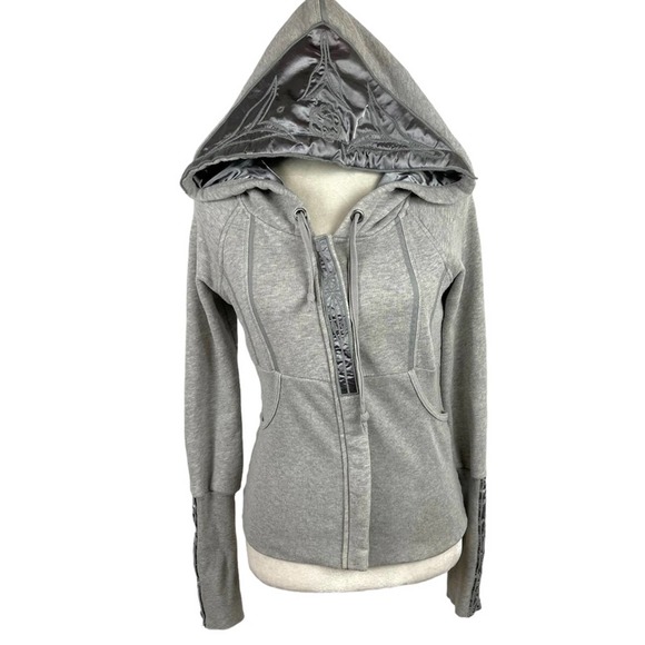 Free People Tops - Free People Satin Trim Embroidered Grey Silver Jacket Hoodie Sweater Medium